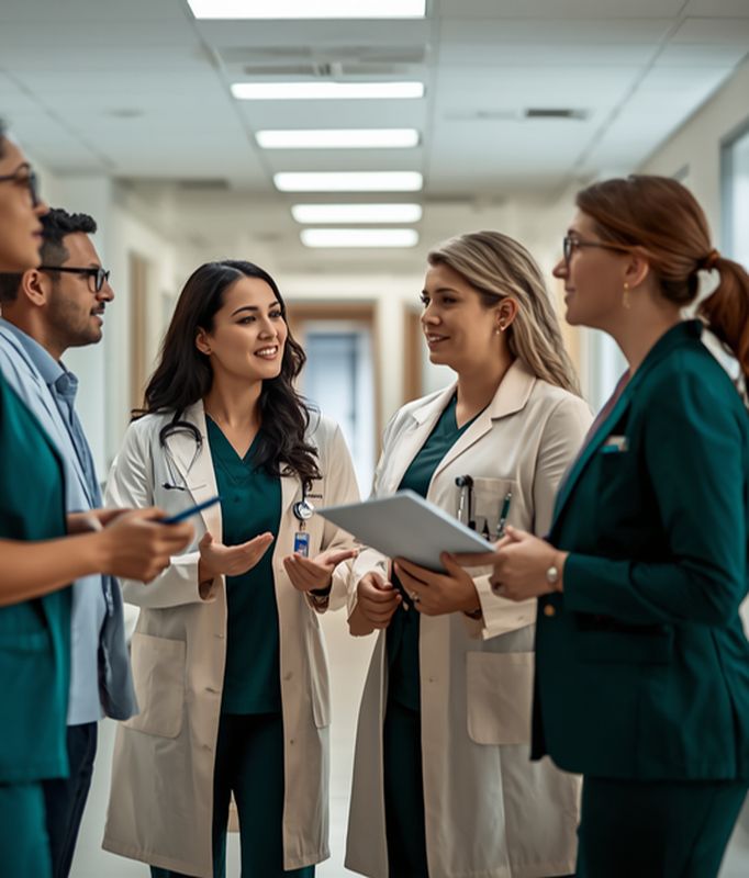 Hospital operations staff reviewing a tablet together in a corridor
