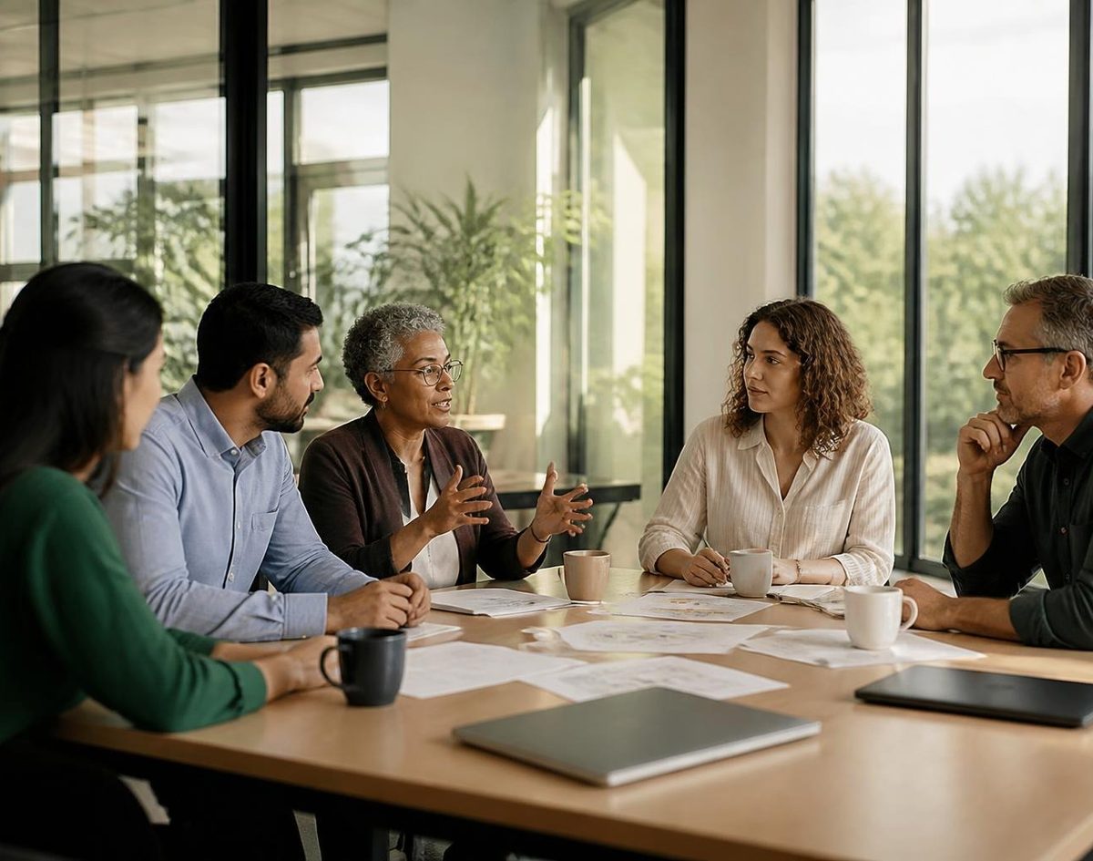 A small team meeting in a bright glass-walled office